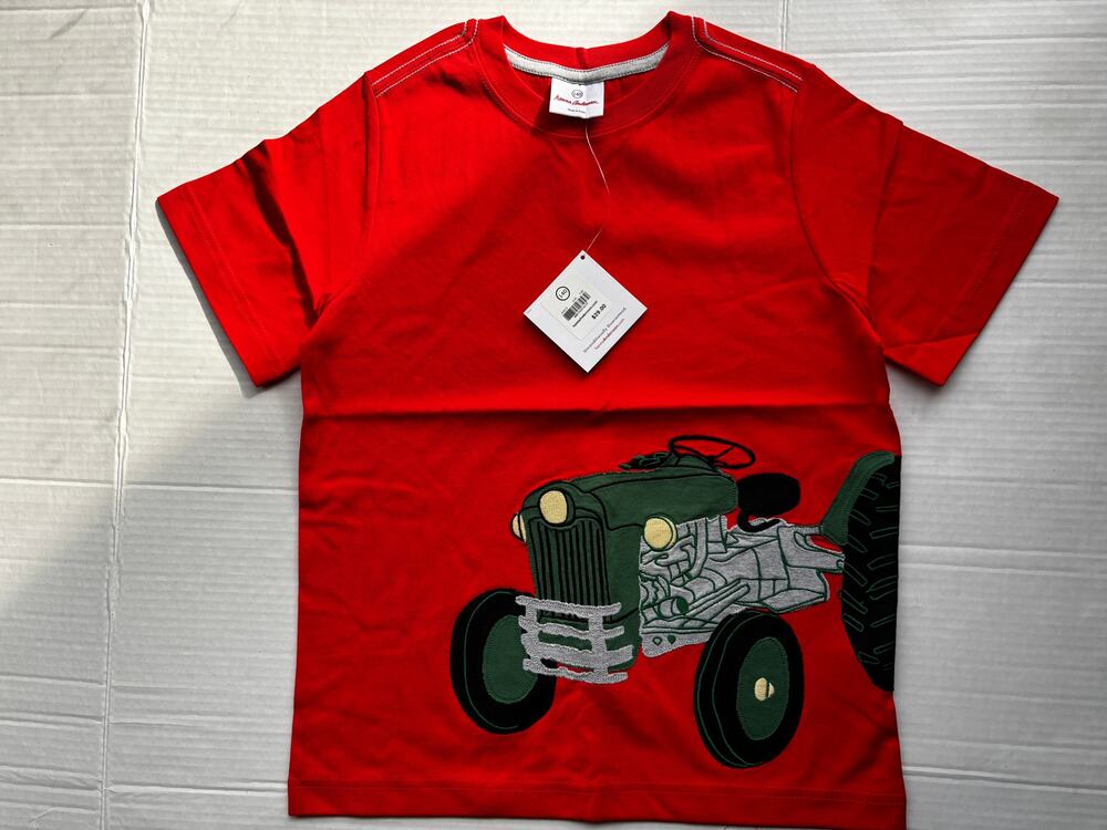 NWT Hanna Andersson Boys Sz 140 (10) Red Tractor Applique Appy Tee Scandi Orange